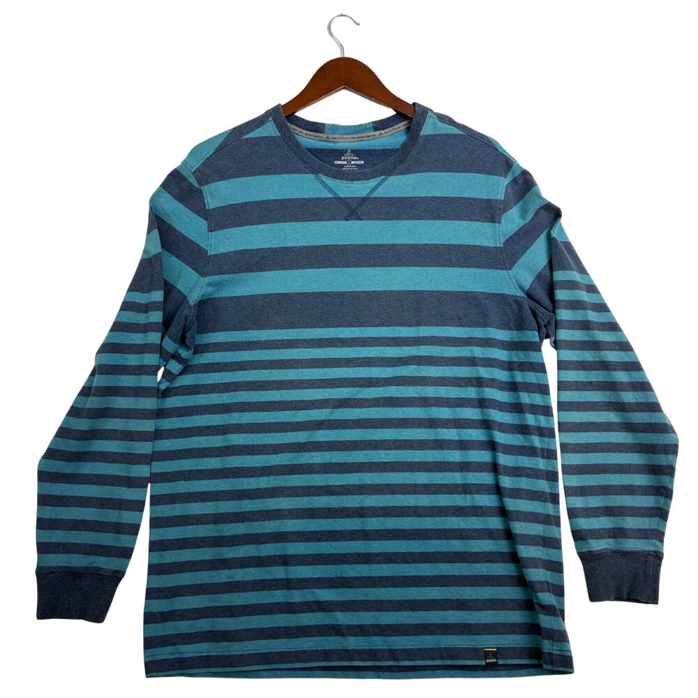 prAna Mens L Blue Teal Striped Long Sleeve Crew Neck Casual Outdoor Shirt